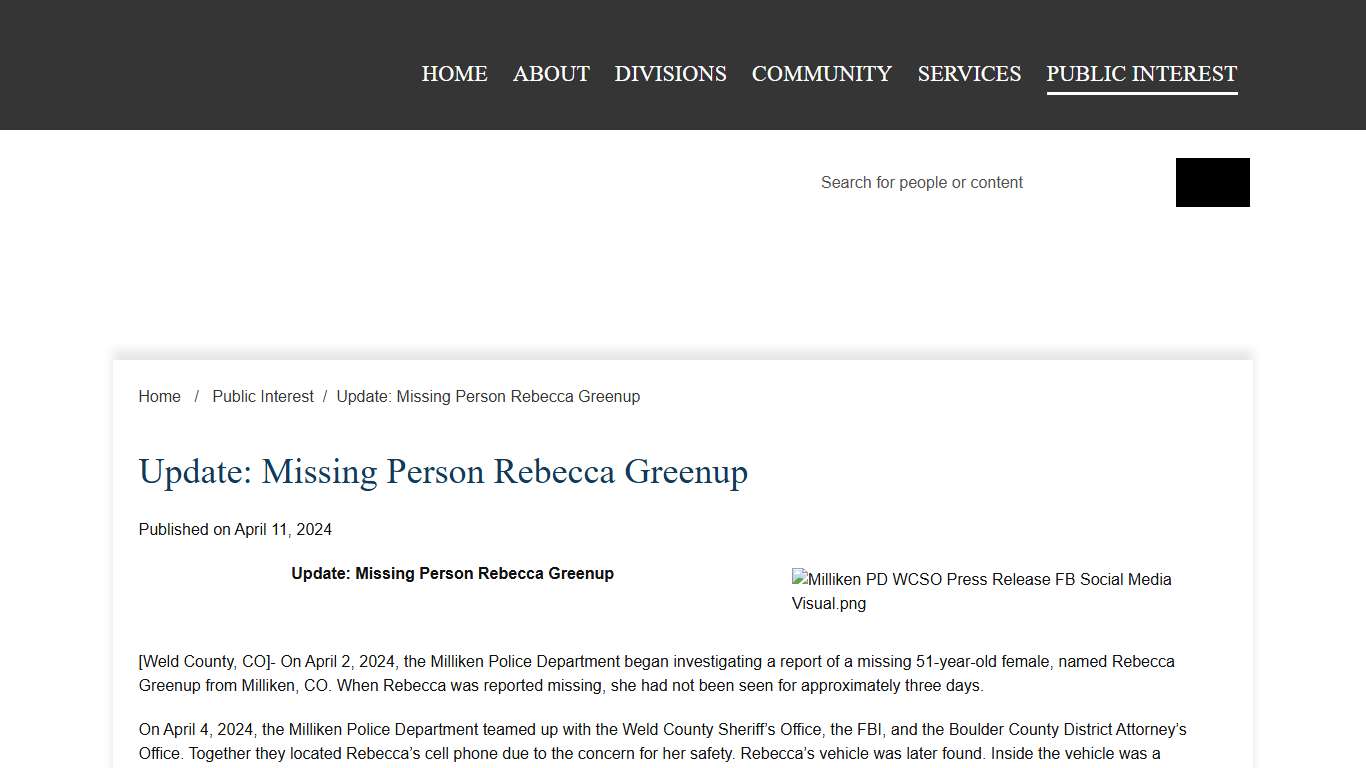 Update: Missing Person Rebecca Greenup Weld Sheriff